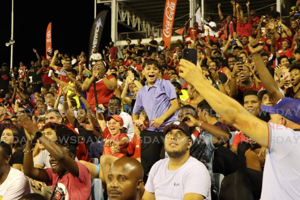 Football fans react during the Legends of Football match between Legends and TT All-Stars at Hasely Crawford Stadium, Port of Spain, on May 10, 2024. - AYANNA KINSALE (Image obtained at newsday.co.tt)