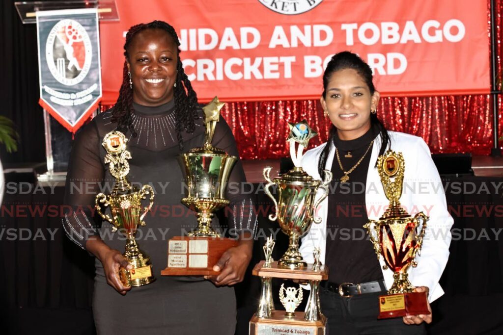 Women’s Premiership Player of the Year, Lee Ann Kirby and women’s International Player of the Year Karishma Ramharack display their awards during the TTCB national awards ceremony, on October 5, at the National Cycling Velodrome, Couva. - Photo by Lincoln Holder (Image obtained at newsday.co.tt)