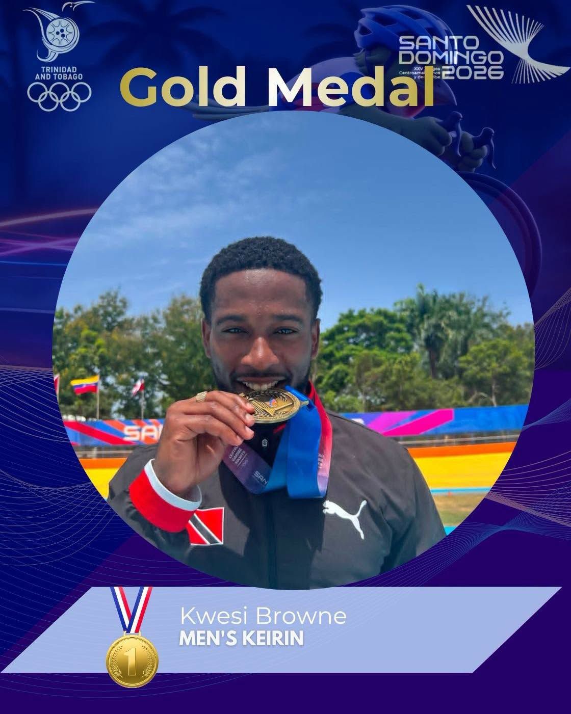 Kwesi Browne celebrtaes with his Men’s Keirin gold medal won yesterday. at he 2026 CAC Games in the Dominican Republic. (Image obtained at guardian.co.tt)